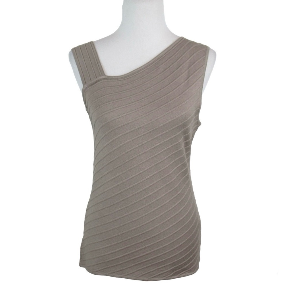 T TAHARI Asymmetric One Shoulder Ribbed Knit Tank Top in Taupe Womens Size Small